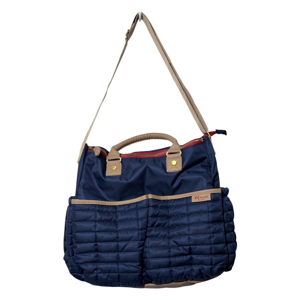 Maman New York Designer Quilted Diaper Bag w/Changing Pad Blue w/tan details - Picture 2 of 9